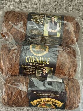 Lion Brand Chenille Thick & Quick Brown (Sable) Yarn 3 Pack 100 Yards Each New